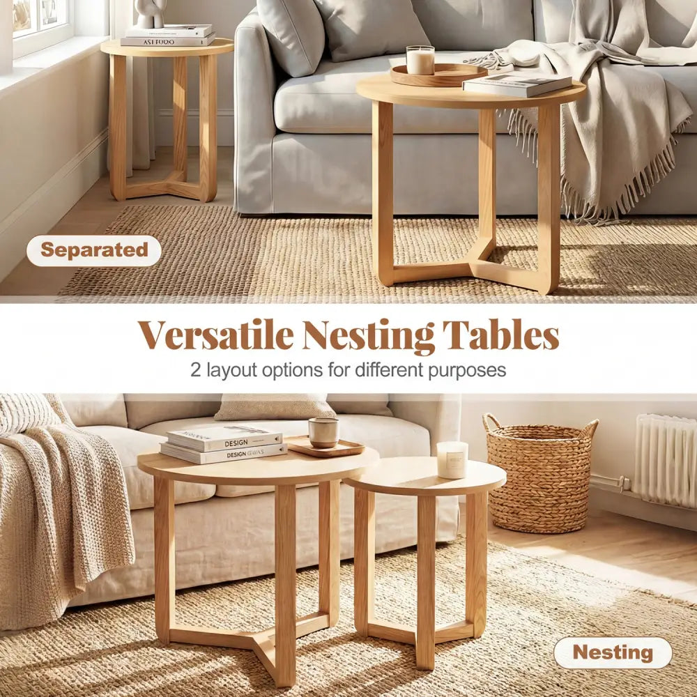 Round Nesting Coffee Table Set of 2 Wood Nesting End Tables with Thickened Top-Natural - Natural - Coffee Tables