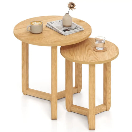 Round Nesting Coffee Table Set of 2 Wood Nesting End Tables with Thickened Top-Natural - Natural - Coffee Tables