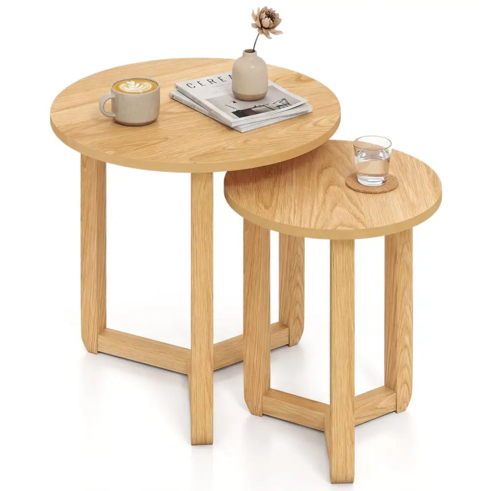 Round Nesting Coffee Table Set of 2 Wood Nesting End Tables with Thickened Top-Natural - Natural - Coffee Tables