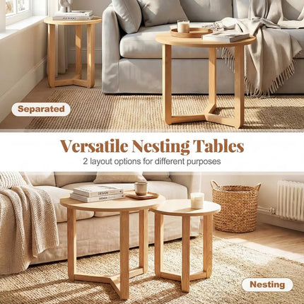 Round Nesting Coffee Table Set of 2 Wood Nesting End Tables with Thickened Top-Natural - Natural - Coffee Tables