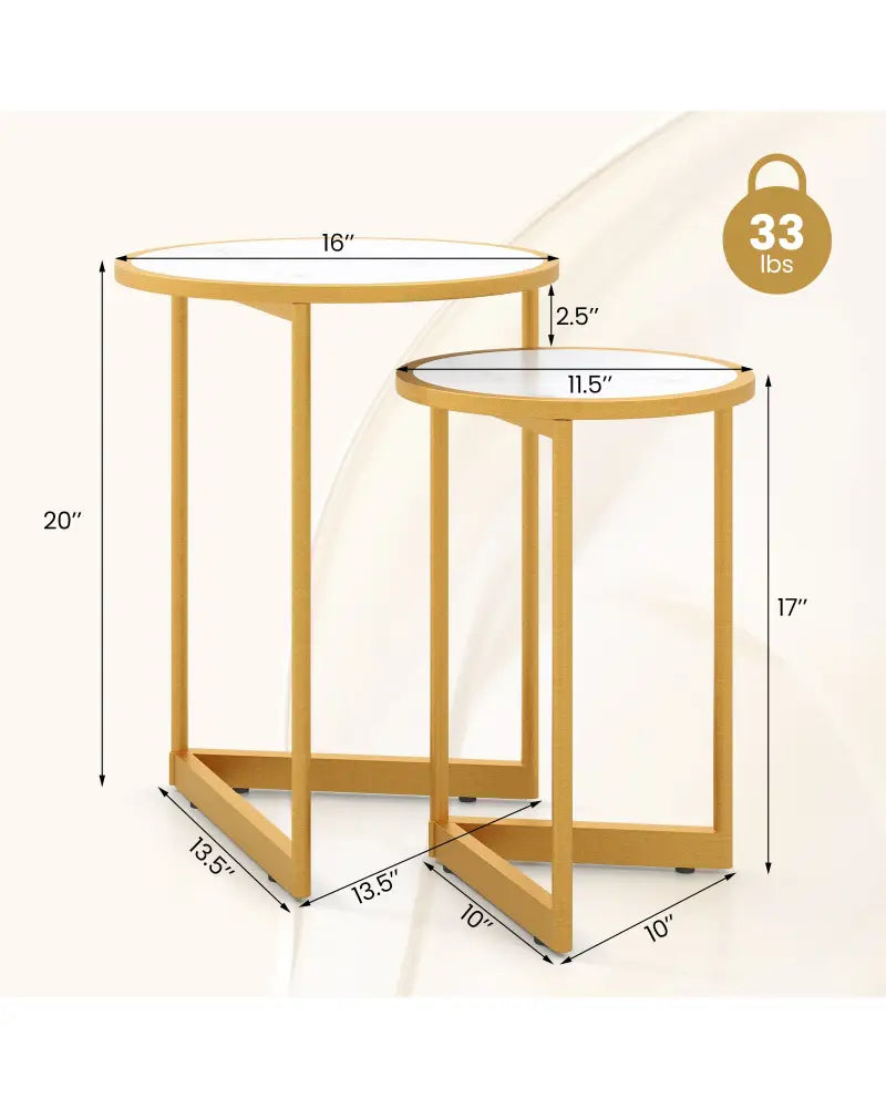 Round Nesting Table Set of 2 with Marble-like Tabletop-White - White - End & Side Tables