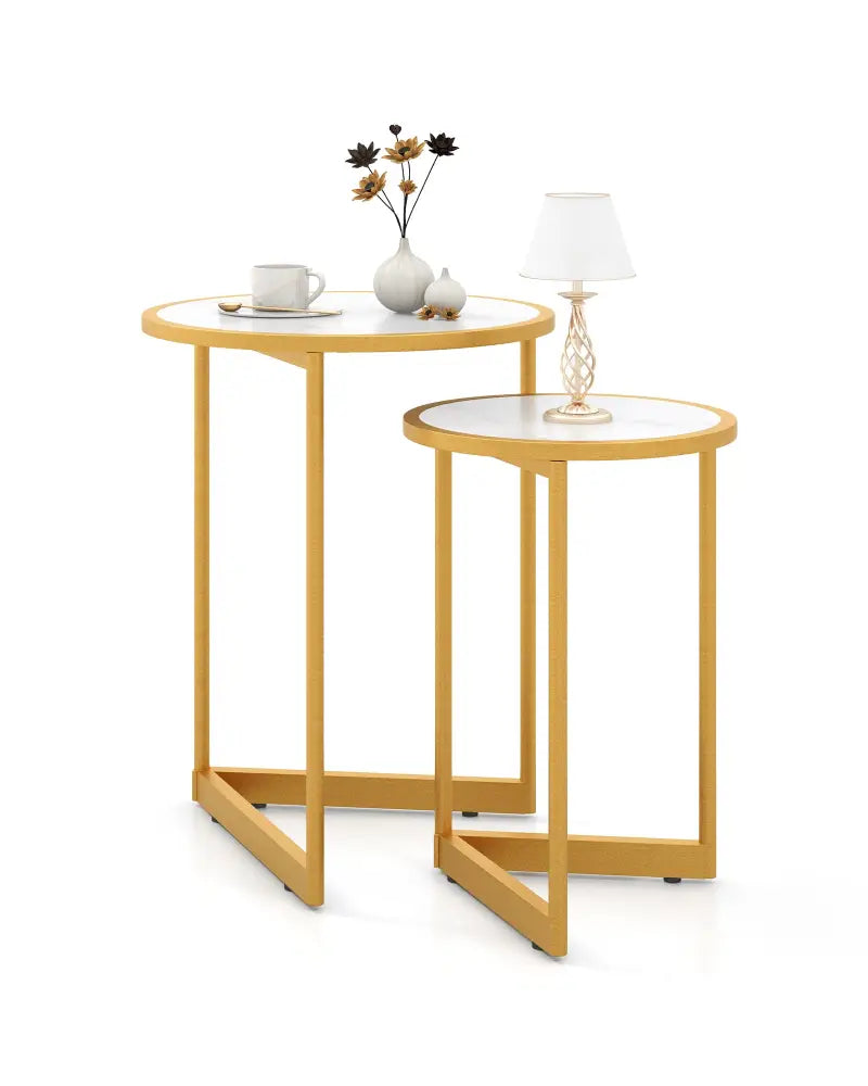 Round Nesting Table Set of 2 with Marble-like Tabletop-White - White - End & Side Tables