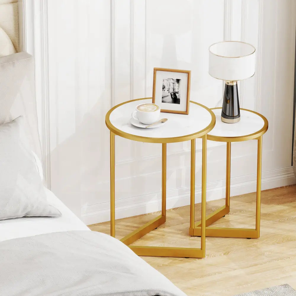 Round Nesting Table Set of 2 with Marble-like Tabletop-White - White - End & Side Tables