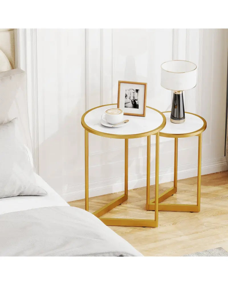 Round Nesting Table Set of 2 with Marble-like Tabletop-White - White - End & Side Tables