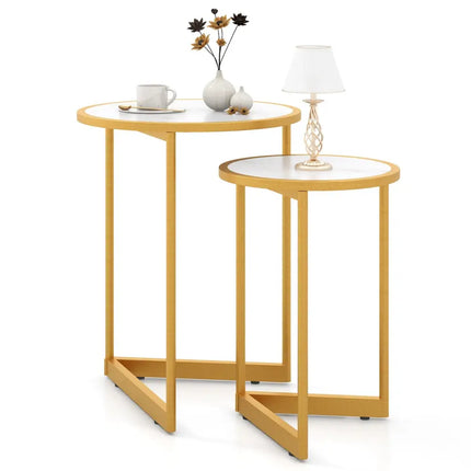 Round Nesting Table Set of 2 with Marble-like Tabletop-White - White - End & Side Tables