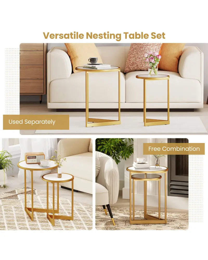 Round Nesting Table Set of 2 with Marble-like Tabletop-White - White - End & Side Tables