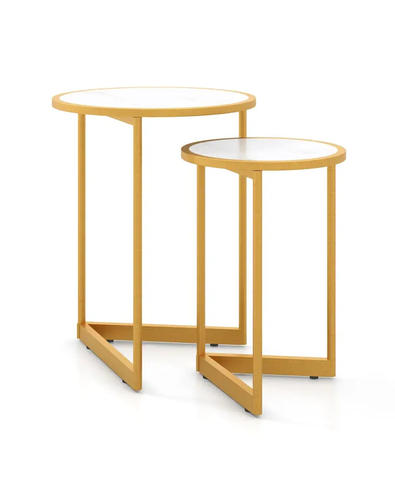 Round Nesting Table Set of 2 with Marble-like Tabletop-White - White - End & Side Tables