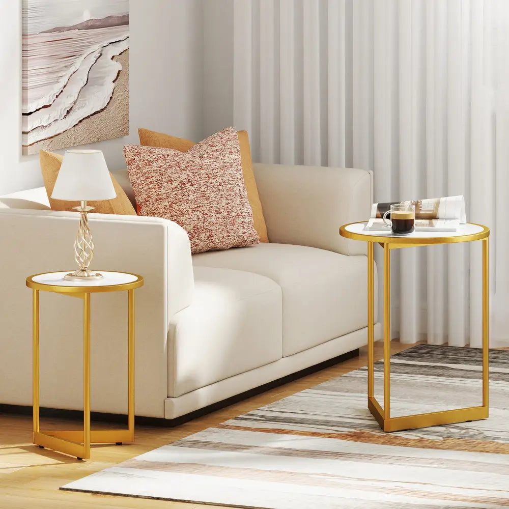 Round Nesting Table Set of 2 with Marble-like Tabletop-White - White - End & Side Tables