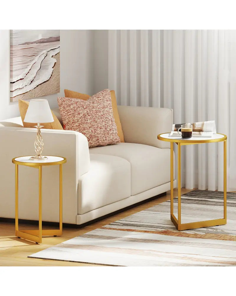 Round Nesting Table Set of 2 with Marble-like Tabletop-White - White - End & Side Tables
