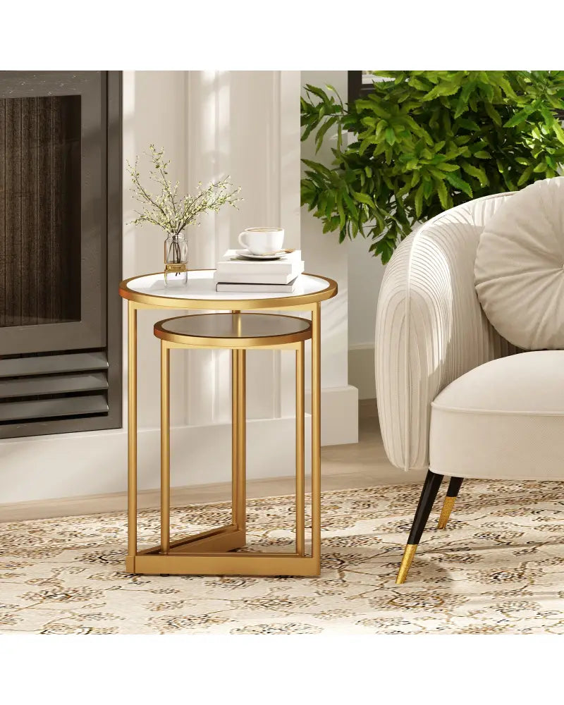 Round Nesting Table Set of 2 with Marble-like Tabletop-White - White - End & Side Tables