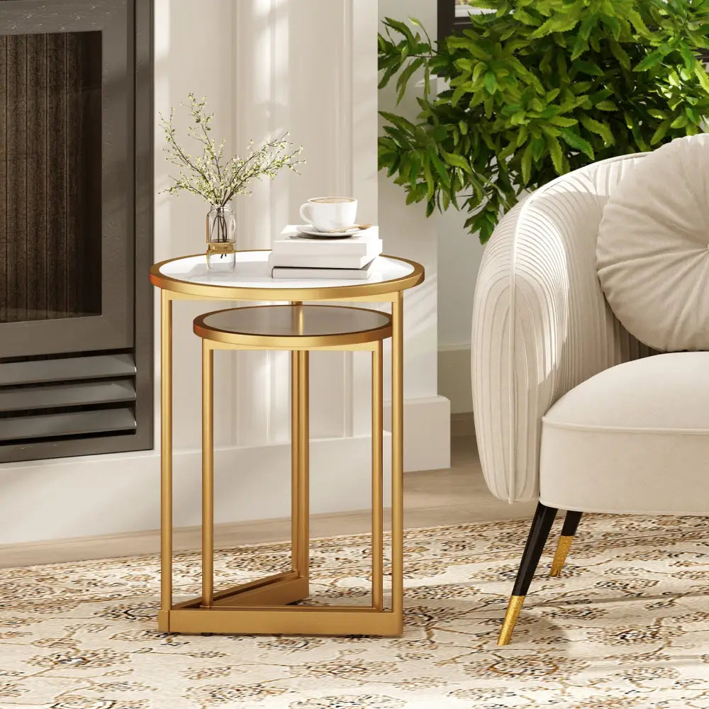 Round Nesting Table Set of 2 with Marble-like Tabletop-White - White - End & Side Tables