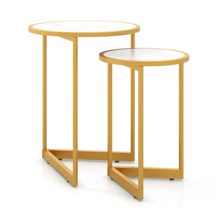 Round Nesting Table Set of 2 with Marble-like Tabletop-White - White - End & Side Tables