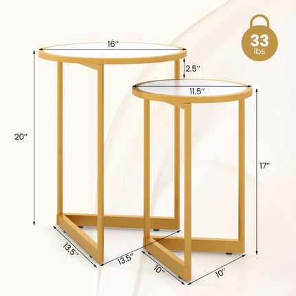 Round Nesting Table Set of 2 with Marble-like Tabletop-White - White - End & Side Tables