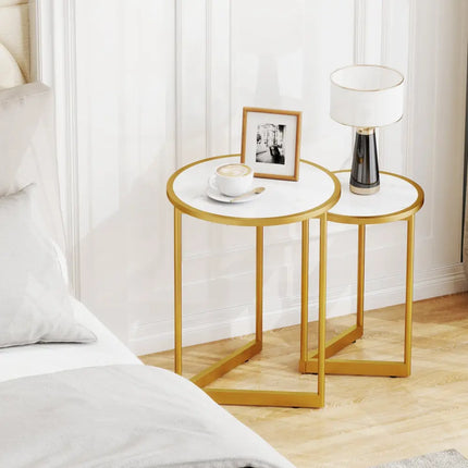 Round Nesting Table Set of 2 with Marble-like Tabletop-White - White - End & Side Tables