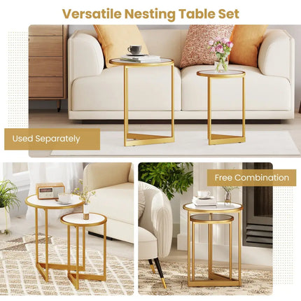 Round Nesting Table Set of 2 with Marble-like Tabletop-White - White - End & Side Tables