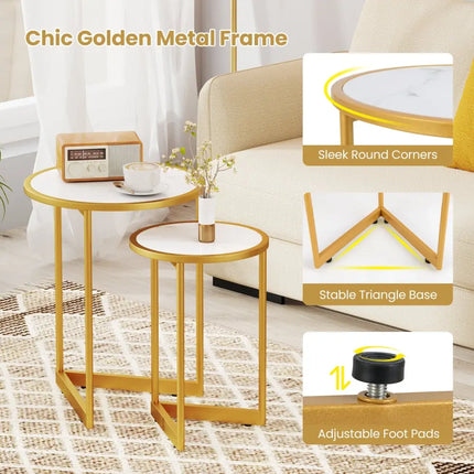 Round Nesting Table Set of 2 with Marble-like Tabletop-White - White - End & Side Tables
