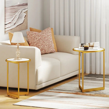 Round Nesting Table Set of 2 with Marble-like Tabletop-White - White - End & Side Tables