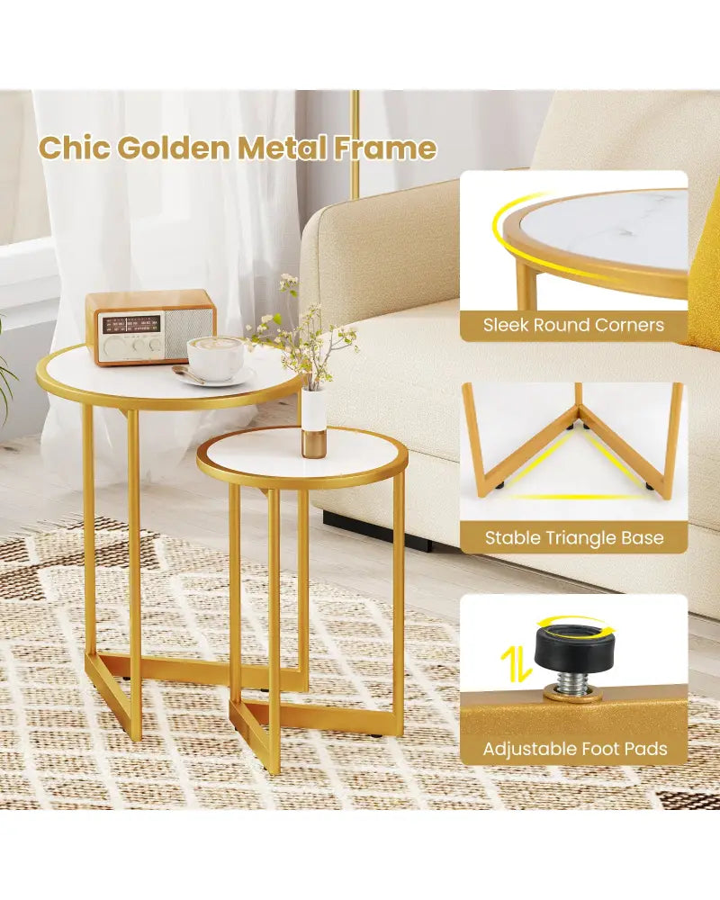 Round Nesting Table Set of 2 with Marble-like Tabletop-White - White - End & Side Tables
