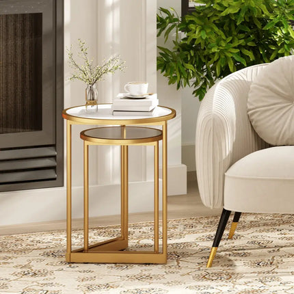 Round Nesting Table Set of 2 with Marble-like Tabletop-White - White - End & Side Tables