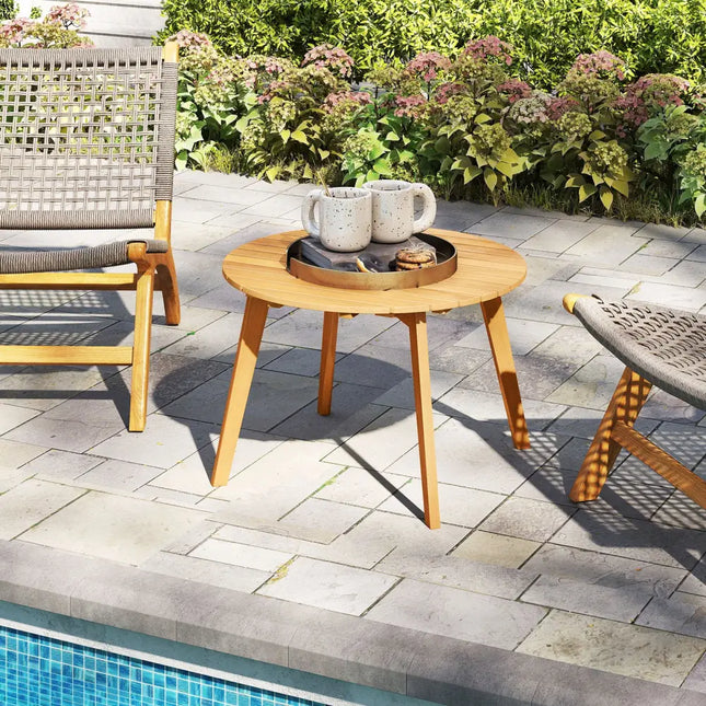Round Outdoor Acacia Wood Side Table with Slatted Tabletop - Natural - Patio Coffee Tables