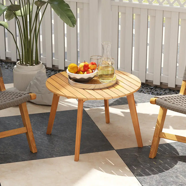 Round Outdoor Acacia Wood Side Table with Slatted Tabletop - Natural - Patio Coffee Tables