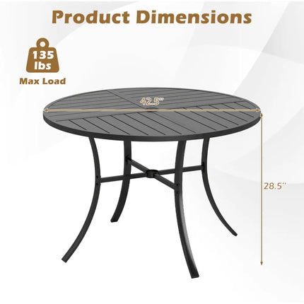 Round Patio Dining Table 42.5 Inch Metal Slat Table with Umbrella Hole-Black - Black - Patio Dining Tables
