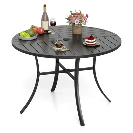Round Patio Dining Table 42.5 Inch Metal Slat Table with Umbrella Hole-Black - Black - Patio Dining Tables