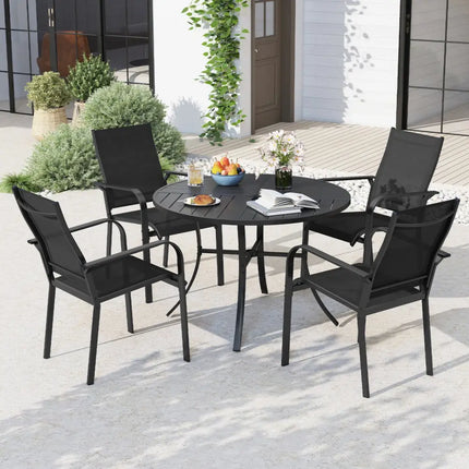 Round Patio Dining Table 42.5 Inch Metal Slat Table with Umbrella Hole-Black - Black - Patio Dining Tables