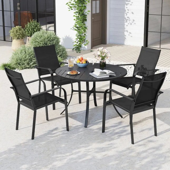 Round Patio Dining Table 42.5 Inch Metal Slat Table with Umbrella Hole-Black - Black - Patio Dining Tables