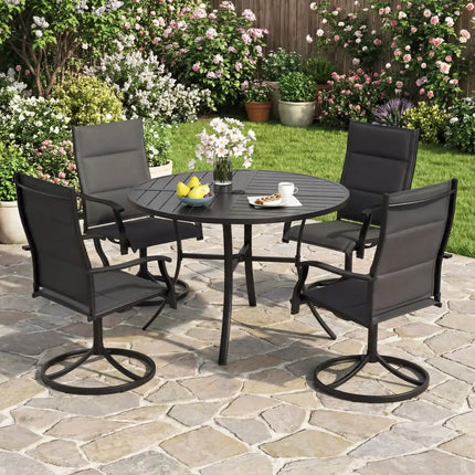 Round Patio Dining Table 42.5 Inch Metal Slat Table with Umbrella Hole-Black - Black - Patio Dining Tables