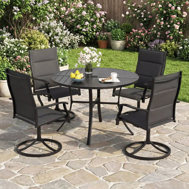 Round Patio Dining Table 42.5 Inch Metal Slat Table with Umbrella Hole-Black - Black - Patio Dining Tables