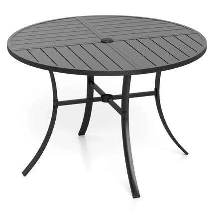 Round Patio Dining Table 42.5 Inch Metal Slat Table with Umbrella Hole-Black - Black - Patio Dining Tables