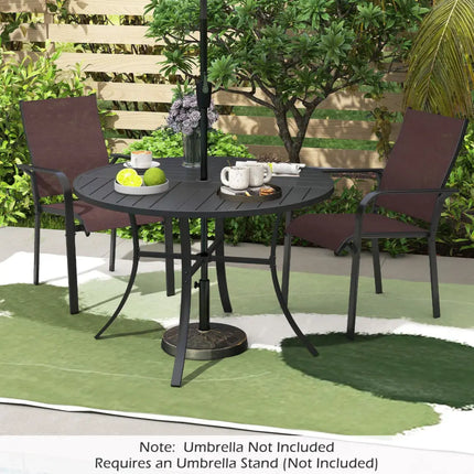 Round Patio Dining Table 42.5 Inch Metal Slat Table with Umbrella Hole-Black - Black - Patio Dining Tables
