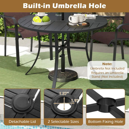 Round Patio Dining Table 42.5 Inch Metal Slat Table with Umbrella Hole-Black - Black - Patio Dining Tables