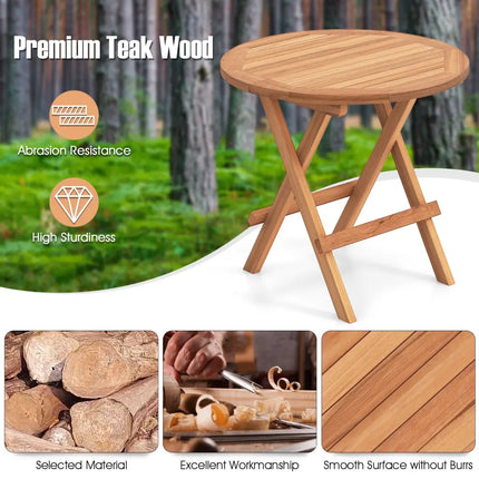 Round Patio Folding Coffee Table Indonesia Teak Wood with Slatted Tabletop - Natural - Patio Coffee Tables