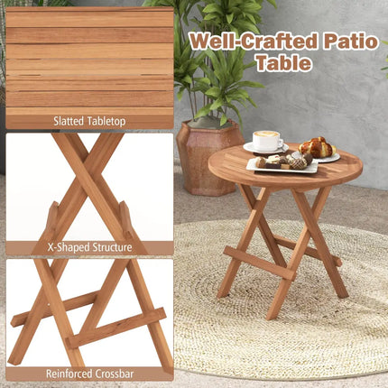 Round Patio Folding Coffee Table Indonesia Teak Wood with Slatted Tabletop - Natural - Patio Coffee Tables