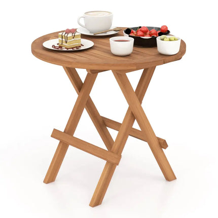 Round Patio Folding Coffee Table Indonesia Teak Wood with Slatted Tabletop - Natural - Patio Coffee Tables