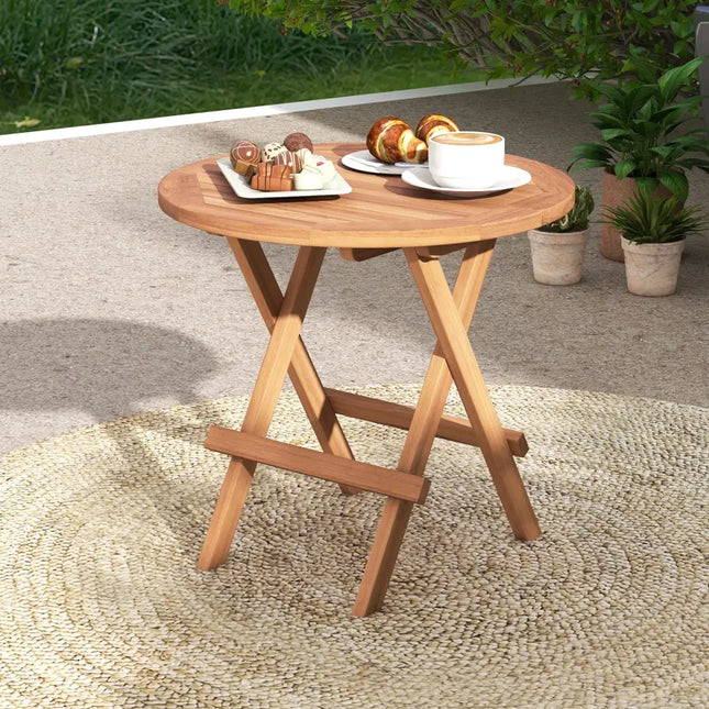 Round Patio Folding Coffee Table Indonesia Teak Wood with Slatted Tabletop - Natural - Patio Coffee Tables