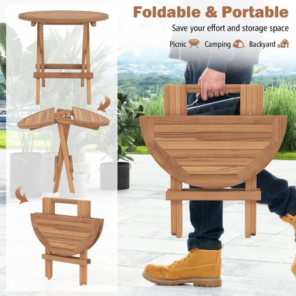 Round Patio Folding Coffee Table Indonesia Teak Wood with Slatted Tabletop - Natural - Patio Coffee Tables