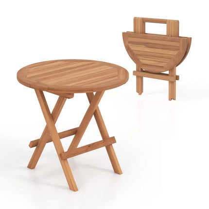 Round Patio Folding Coffee Table Indonesia Teak Wood with Slatted Tabletop - Natural - Patio Coffee Tables