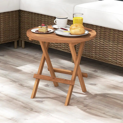 Round Patio Folding Coffee Table Indonesia Teak Wood with Slatted Tabletop - Natural - Patio Coffee Tables