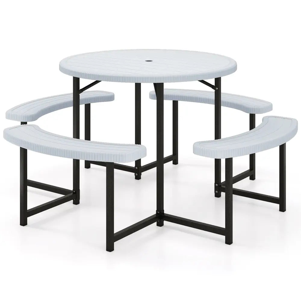 Round Picnic Table Bench Set with 4 Benches and Umbrella Hole for Patio Lawn-White - White - Picnic Tables