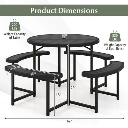 Round Picnic Table Bench Set with 4 Benches and Umbrella Hole for Patio Lawn-Black - Black - Picnic Tables