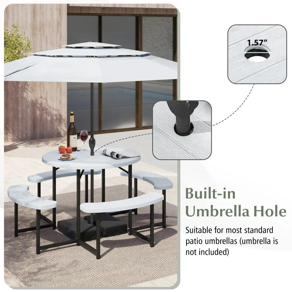 Round Picnic Table Bench Set with 4 Benches and Umbrella Hole for Patio Lawn-White - White - Picnic Tables