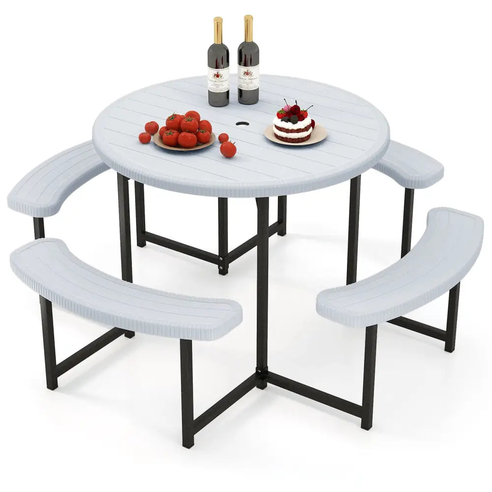 Round Picnic Table Bench Set with 4 Benches and Umbrella Hole for Patio Lawn-White - White - Picnic Tables