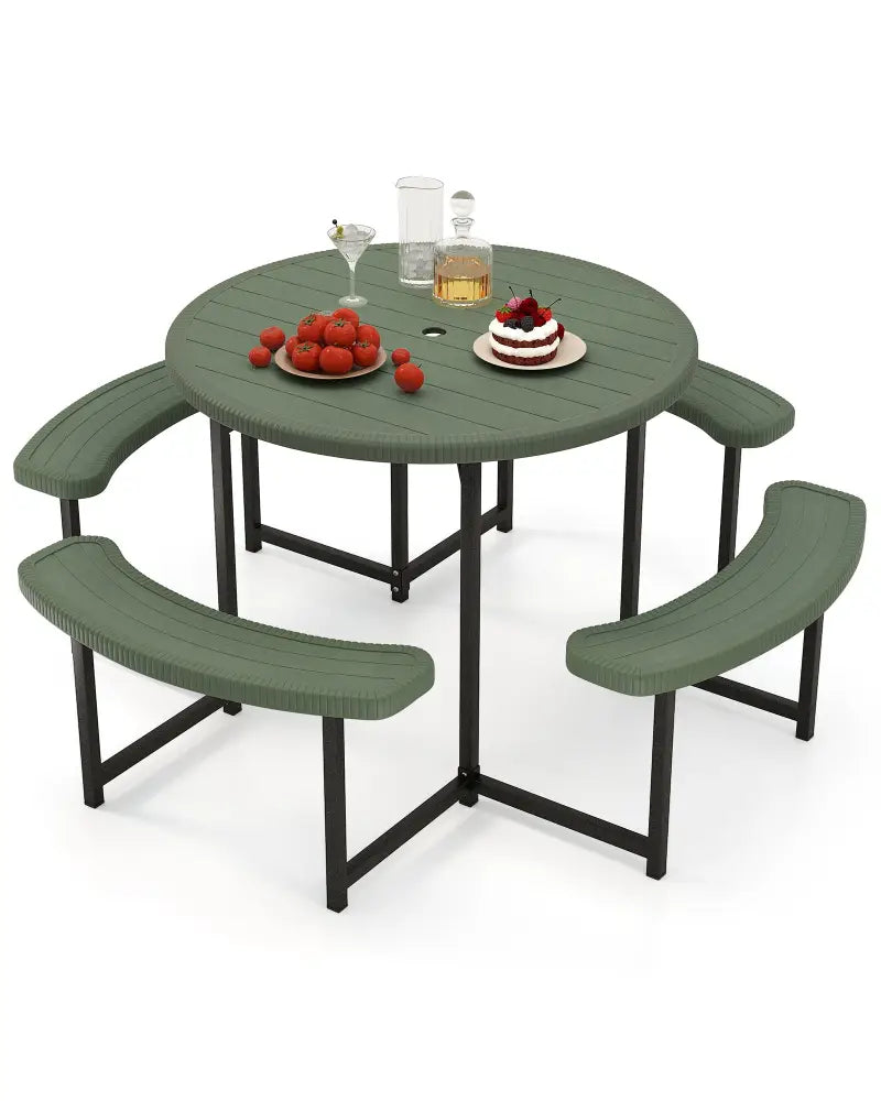 Round Picnic Table Bench Set with 4 Benches and Umbrella Hole for Patio Lawn-Green - Green - Picnic Tables