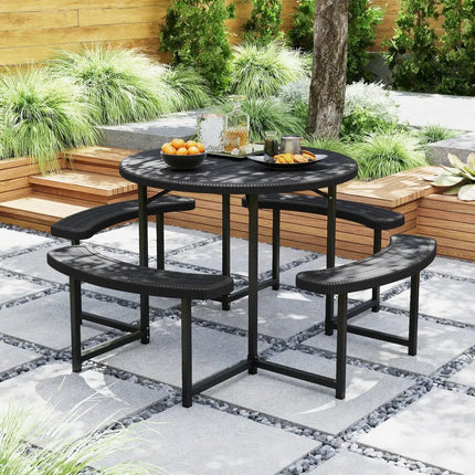 Round Picnic Table Bench Set with 4 Benches and Umbrella Hole for Patio Lawn-Black - Black - Picnic Tables