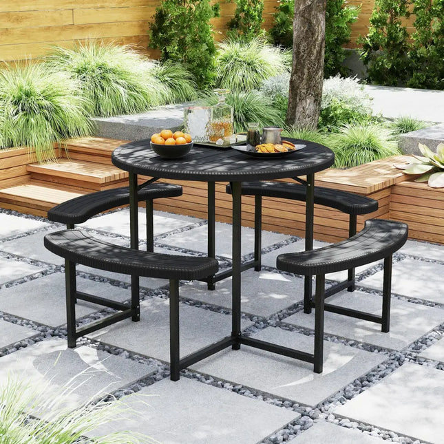 Round Picnic Table Bench Set with 4 Benches and Umbrella Hole for Patio Lawn-Black - Black - Picnic Tables