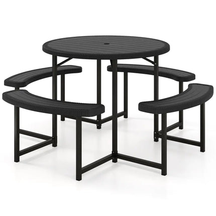 Round Picnic Table Bench Set with 4 Benches and Umbrella Hole for Patio Lawn-Black - Black - Picnic Tables