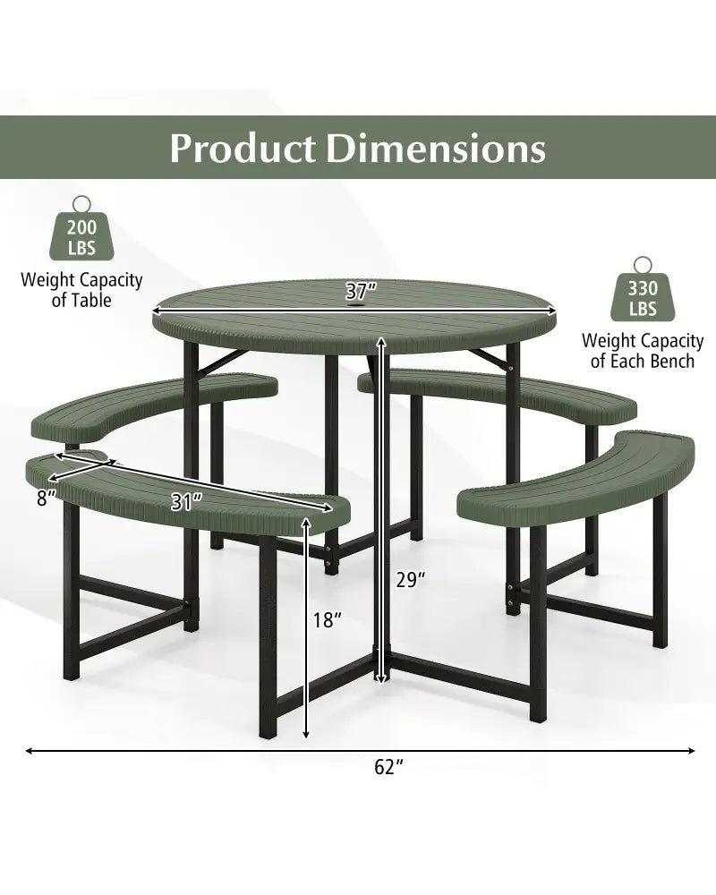 Round Picnic Table Bench Set with 4 Benches and Umbrella Hole for Patio Lawn-Green - Green - Picnic Tables